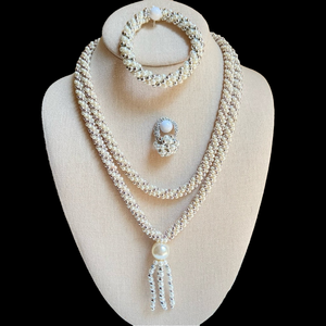 Beaded crocheted set with ring bracelet and tassel necklace with faux pearls